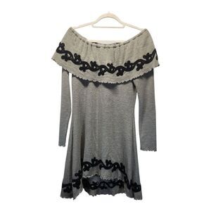 Bronte Cream/Blk Off Shoulder Ruffled, Embroidered High-low Sweater Dress SMALL